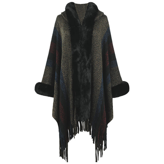 Hooded Cape for Women Autumn Winter Striped Knitted Tassel Shawl - Iyanka