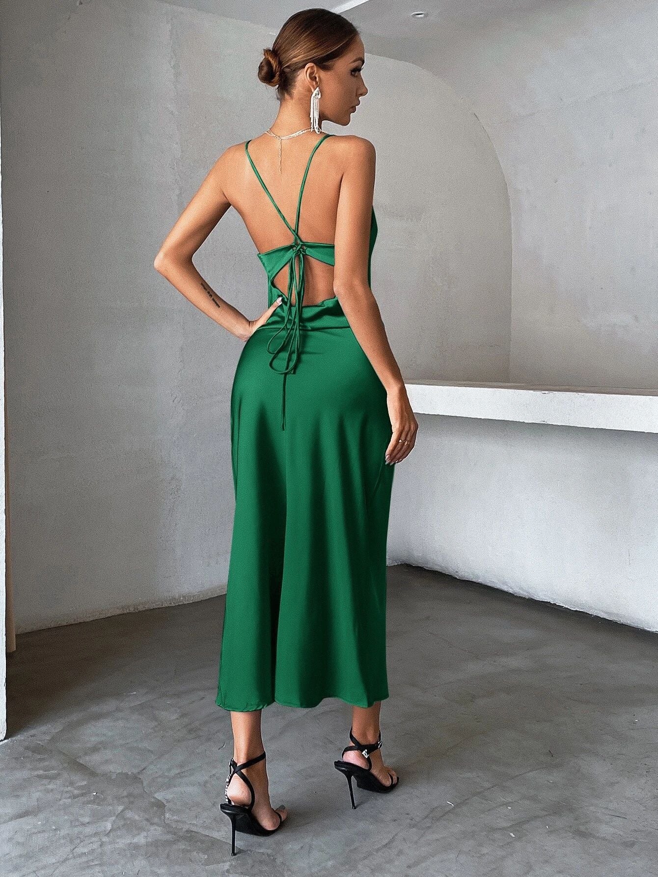 Women Clothing Solid Color Satin Satin Party Strap Dress Party Dress - Iyanka