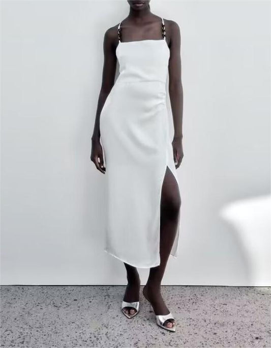 Summer Satin Silky Thin Strap Dress Side Slit High Waist Slim Fit Dress - Iyanka