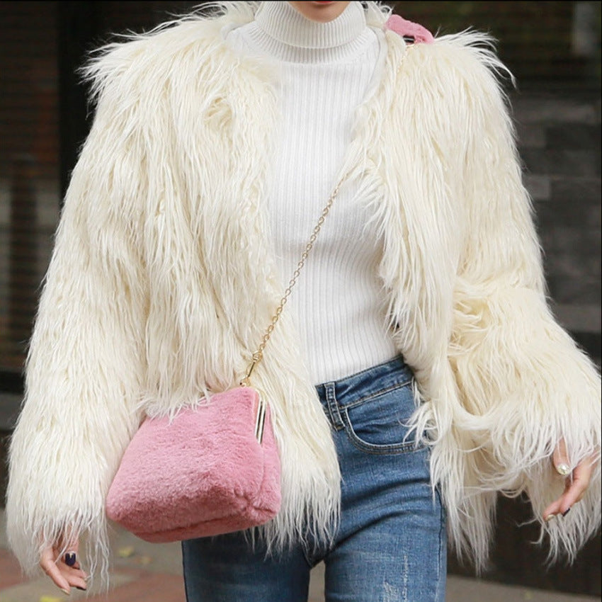 Autumn Winter Imitated Tibet Sheep Fur Fur Coat Women Mid Length Slim Fit Fashionable Slimming Lamb Long Fur Wool Coat - Iyanka