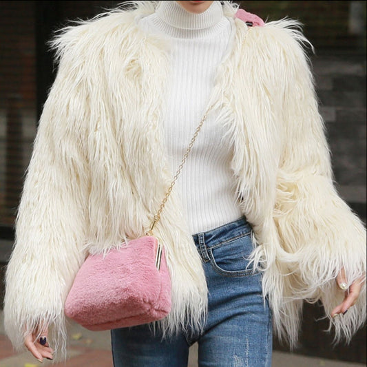 Autumn Winter Imitated Tibet Sheep Fur Fur Coat Women Mid Length Slim Fit Fashionable Slimming Lamb Long Fur Wool Coat - Iyanka