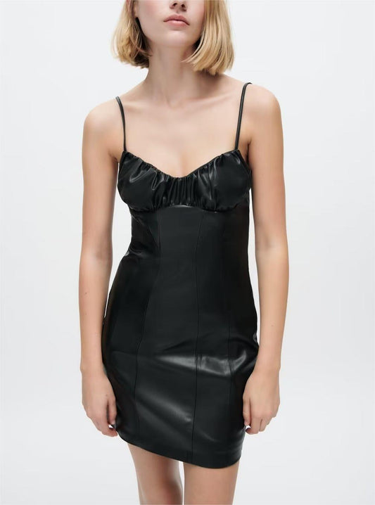 Women Black Faux Leather Cami Dress - Iyanka