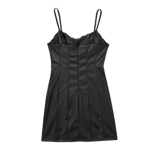 Women Black Faux Leather Cami Dress - Iyanka