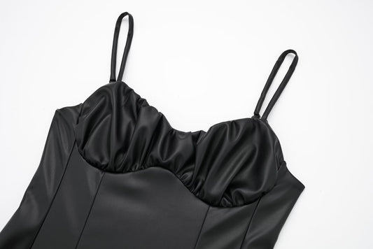 Women Black Faux Leather Cami Dress - Iyanka