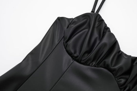 Women Black Faux Leather Cami Dress - Iyanka