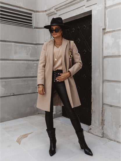 Autumn Winter Solid Color Collared Mid Length Button Woolen Coat Outerwear Women - Iyanka