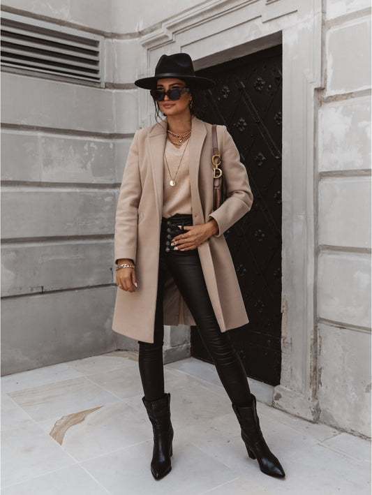 Autumn Winter Solid Color Collared Mid Length Button Woolen Coat Outerwear Women - Iyanka