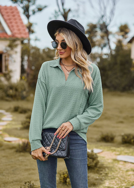 Autumn Winter Solid Color Polo Collar Loose Long Sleeve Sweatershirt Coat Women Jacket - Iyanka