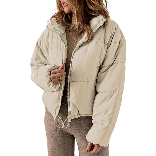 Casual All Matching Solid Color Warm Keeping Cotton Padded Coat Women Winter Stand Collar Thick Zipper Jacket Women - Iyanka