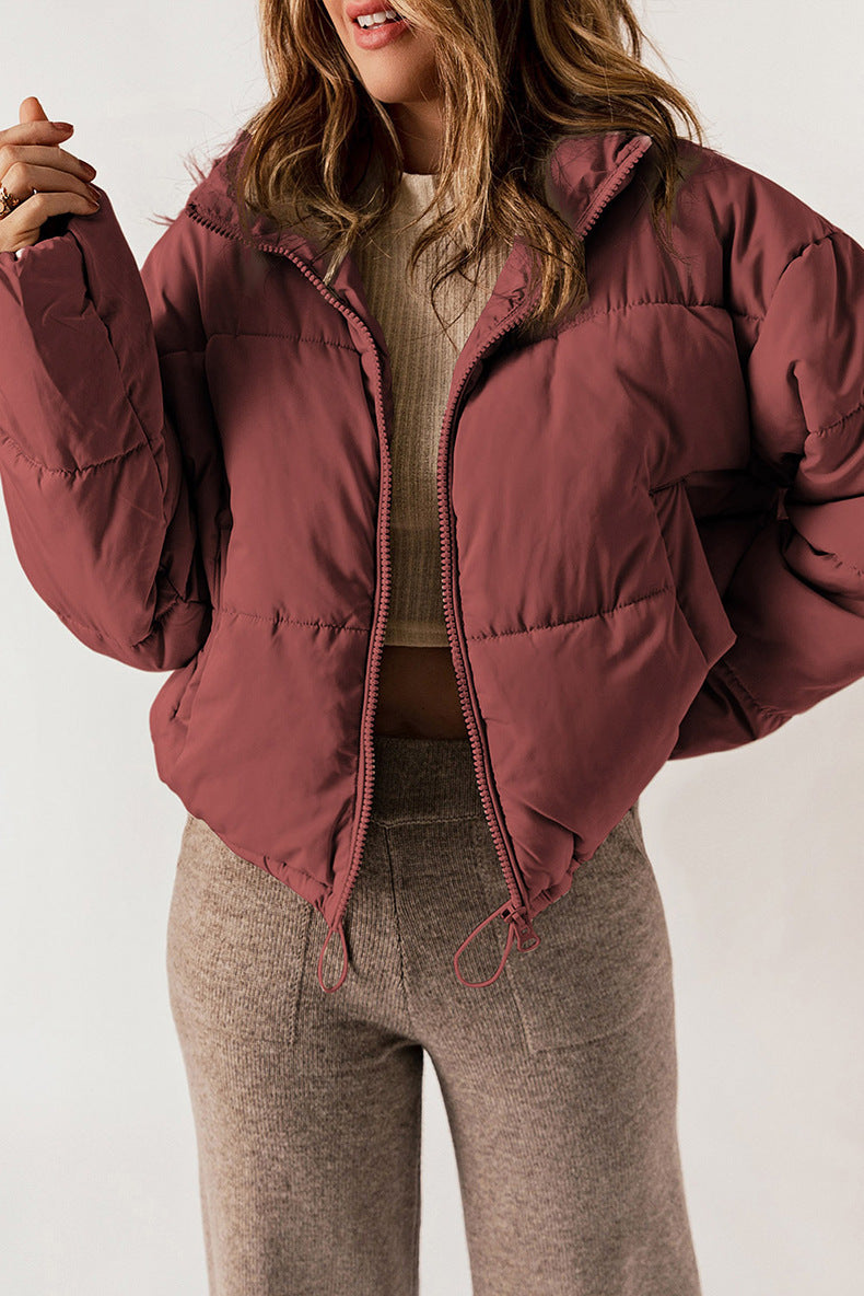 Casual All Matching Solid Color Warm Keeping Cotton Padded Coat Women Winter Stand Collar Thick Zipper Jacket Women - Iyanka