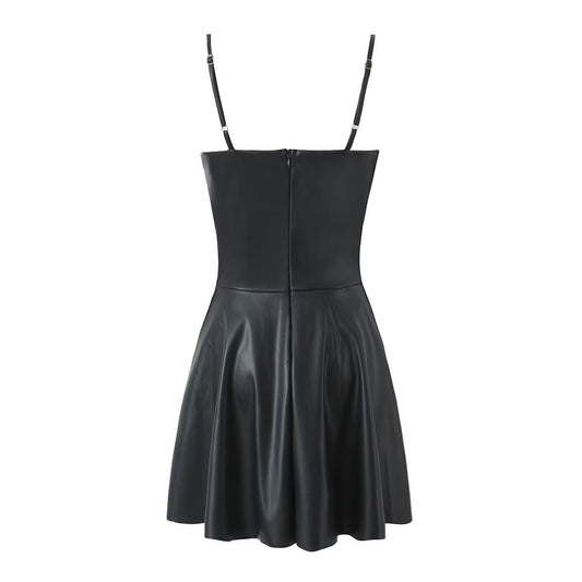 Autumn Winter Sexy Sexy Faux Leather Strap Dress Women High Waist Slimming A Line Dress Base - Iyanka