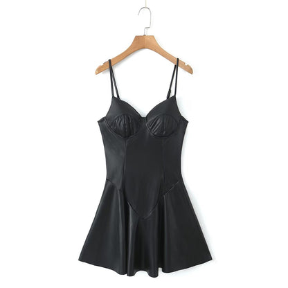 Autumn Winter Sexy Sexy Faux Leather Strap Dress Women High Waist Slimming A Line Dress Base - Iyanka