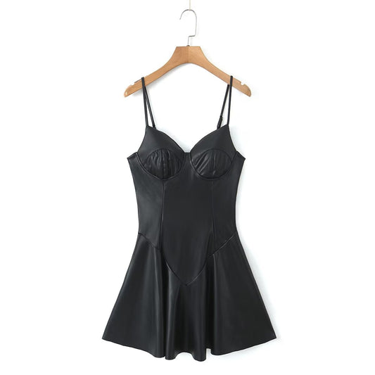 Autumn Winter Sexy Sexy Faux Leather Strap Dress Women High Waist Slimming A Line Dress Base - Iyanka