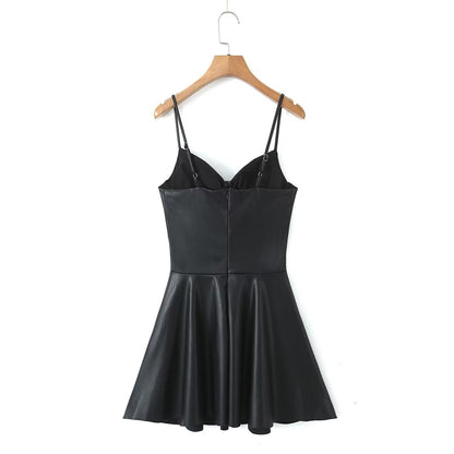 Autumn Winter Sexy Sexy Faux Leather Strap Dress Women High Waist Slimming A Line Dress Base - Iyanka