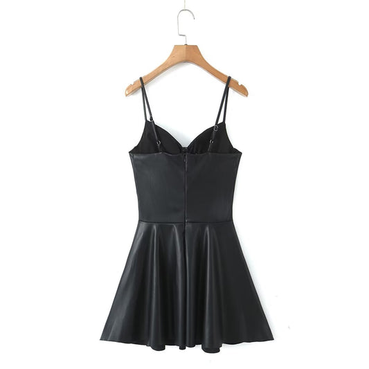 Autumn Winter Sexy Sexy Faux Leather Strap Dress Women High Waist Slimming A Line Dress Base - Iyanka