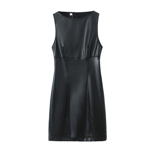 Minimalist Sexy Casual Dress Basic Faux Leather Slimming Pullover Elegant Hip Dress for Women - Iyanka