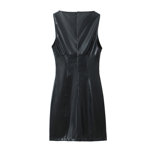Minimalist Sexy Casual Dress Basic Faux Leather Slimming Pullover Elegant Hip Dress for Women - Iyanka