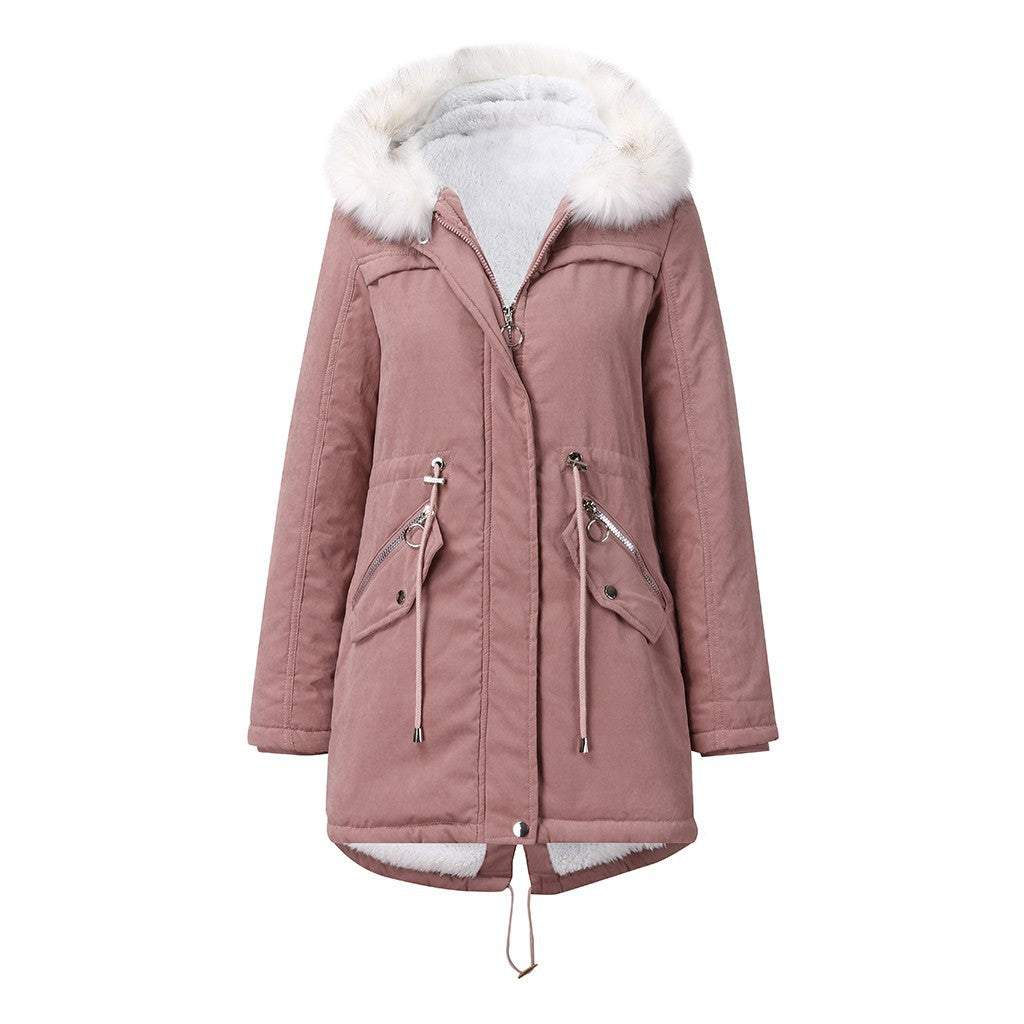 Women Cotton Padded Coat White Fur Collar Parka Mid Length Hooded Winter Warm Velvet Coat Woman Cotton Dress - Iyanka