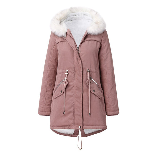 Women Cotton Padded Coat White Fur Collar Parka Mid Length Hooded Winter Warm Velvet Coat Woman Cotton Dress - Iyanka