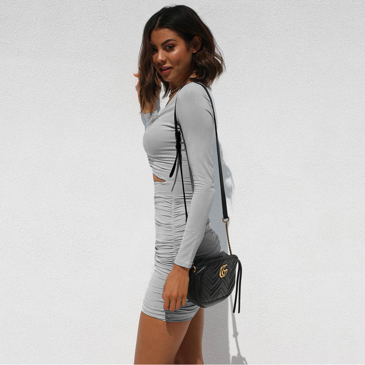 Autumn Winter Women Clothing V neck Long Sleeve Pleated Sexy Dress