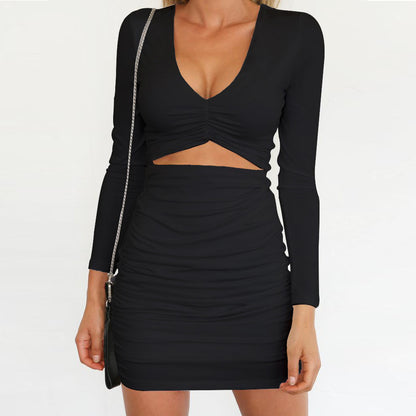 Autumn Winter Women Clothing V neck Long Sleeve Pleated Sexy Dress