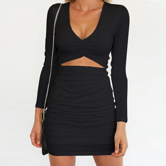 Autumn Winter Women Clothing V neck Long Sleeve Pleated Sexy Dress