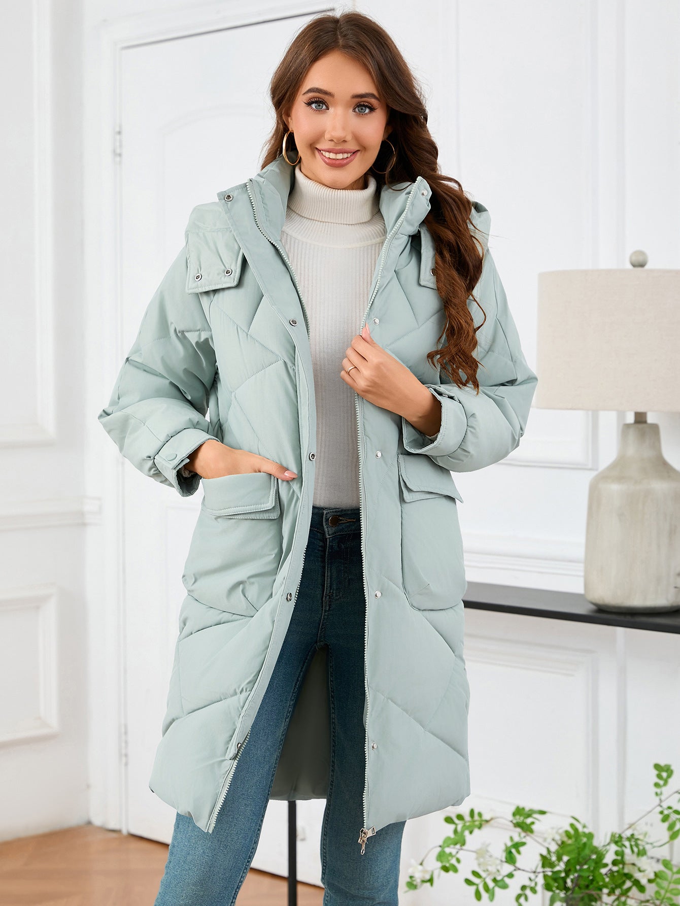 Autumn Winter Women Clothing Mid Length Cotton Padded Coat Stand Collar Hooded Long Sleeve Thermal Slim Fit Cotton Padded Coat - Iyanka