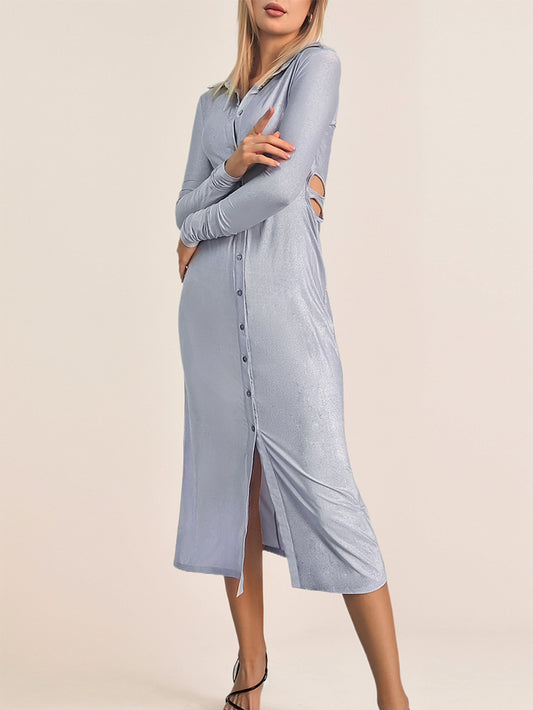 Women Lavender Thin Glittering Casual Cropped Outfit Shirt Dress