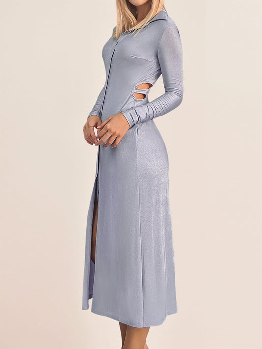 Women Lavender Thin Glittering Casual Cropped Outfit Shirt Dress