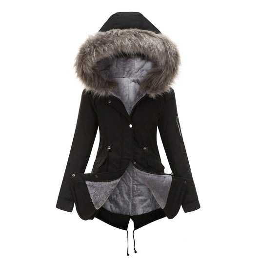 Size Big Fur Collar Thickened Women Cotton-Padded Coat Mid-Length Hooded Winter Warm Fleece Overcoat Cotton-Padded Coat - Iyanka