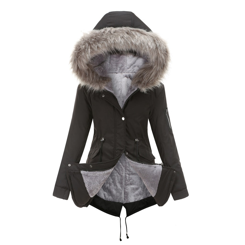 Size Big Fur Collar Thickened Women Cotton-Padded Coat Mid-Length Hooded Winter Warm Fleece Overcoat Cotton-Padded Coat - Iyanka