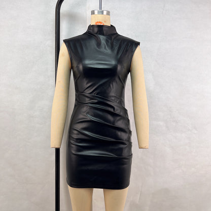 Women Clothing Street Hipster Faux Leather Stand Collar Sleeveless Oversleeve Sheath Pleated Dress - Iyanka
