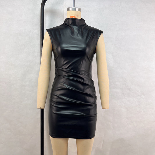 Women Clothing Street Hipster Faux Leather Stand Collar Sleeveless Oversleeve Sheath Pleated Dress - Iyanka