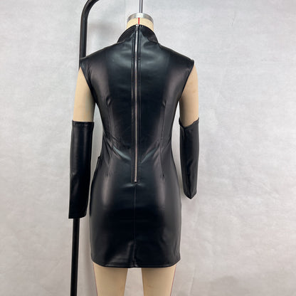 Women Clothing Street Hipster Faux Leather Stand Collar Sleeveless Oversleeve Sheath Pleated Dress - Iyanka