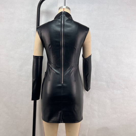 Women Clothing Street Hipster Faux Leather Stand Collar Sleeveless Oversleeve Sheath Pleated Dress - Iyanka