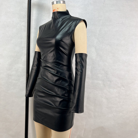Women Clothing Street Hipster Faux Leather Stand Collar Sleeveless Oversleeve Sheath Pleated Dress - Iyanka