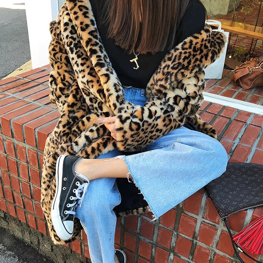 Long Faux Fur Coat Women Leopard Fur Coat Thickened Fleece - Iyanka