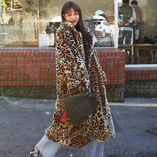 Long Faux Fur Coat Women Leopard Fur Coat Thickened Fleece - Iyanka