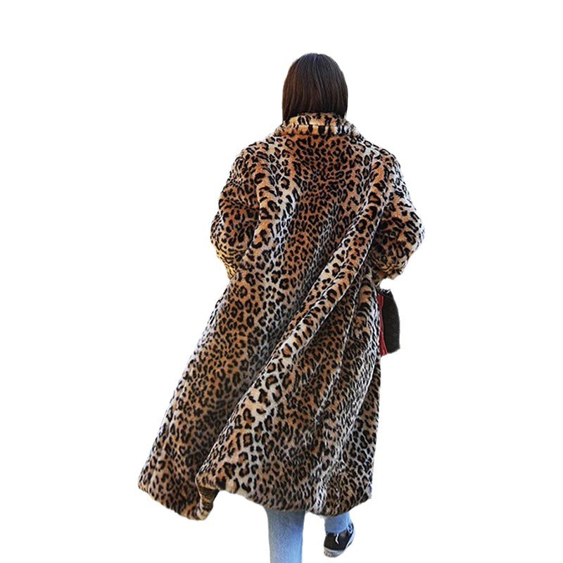 Long Faux Fur Coat Women Leopard Fur Coat Thickened Fleece - Iyanka