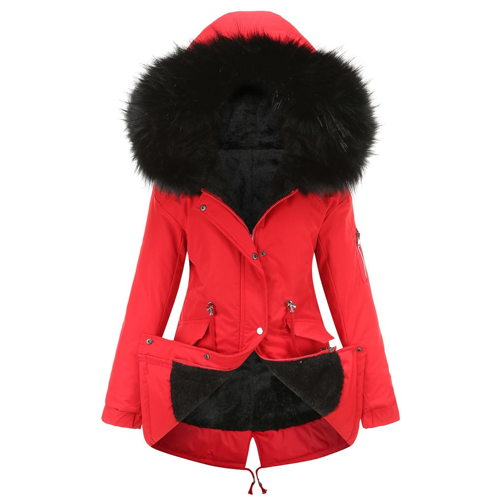 Size Big Fur Collar Thickened Women Cotton-Padded Coat Mid-Length Hooded Winter Warm Fleece Overcoat Cotton-Padded Coat - Iyanka