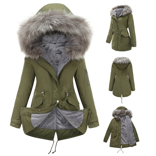 Size Big Fur Collar Thickened Women Cotton-Padded Coat Mid-Length Hooded Winter Warm Fleece Overcoat Cotton-Padded Coat - Iyanka