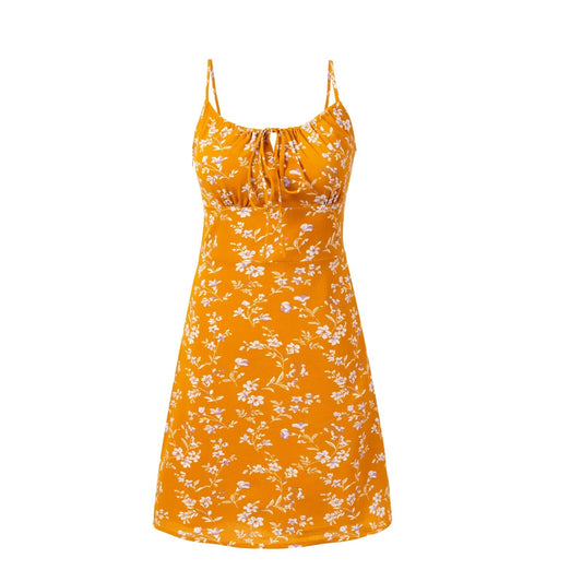 Summer Legal Sexy Backless Floral Strap Dress Sexy Waist Tight Slimming A line Dresses