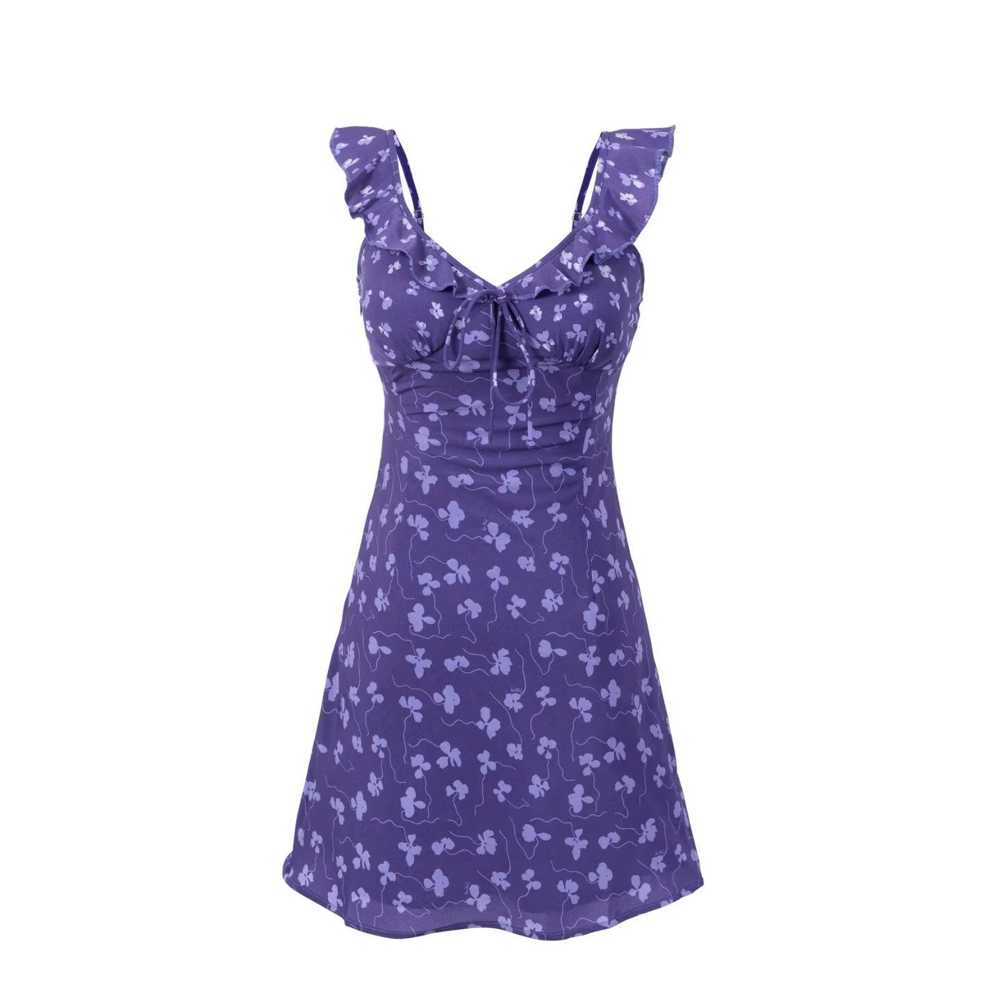 Vintage Ruffled V neck Lace up Printed Dress Summer Tight Waist Slim Holiday Short Suspender Dress