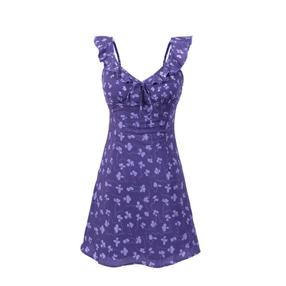 Vintage Ruffled V neck Lace up Printed Dress Summer Tight Waist Slim Holiday Short Suspender Dress