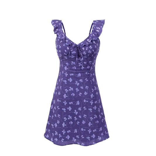 Vintage Ruffled V neck Lace up Printed Dress Summer Tight Waist Slim Holiday Short Suspender Dress