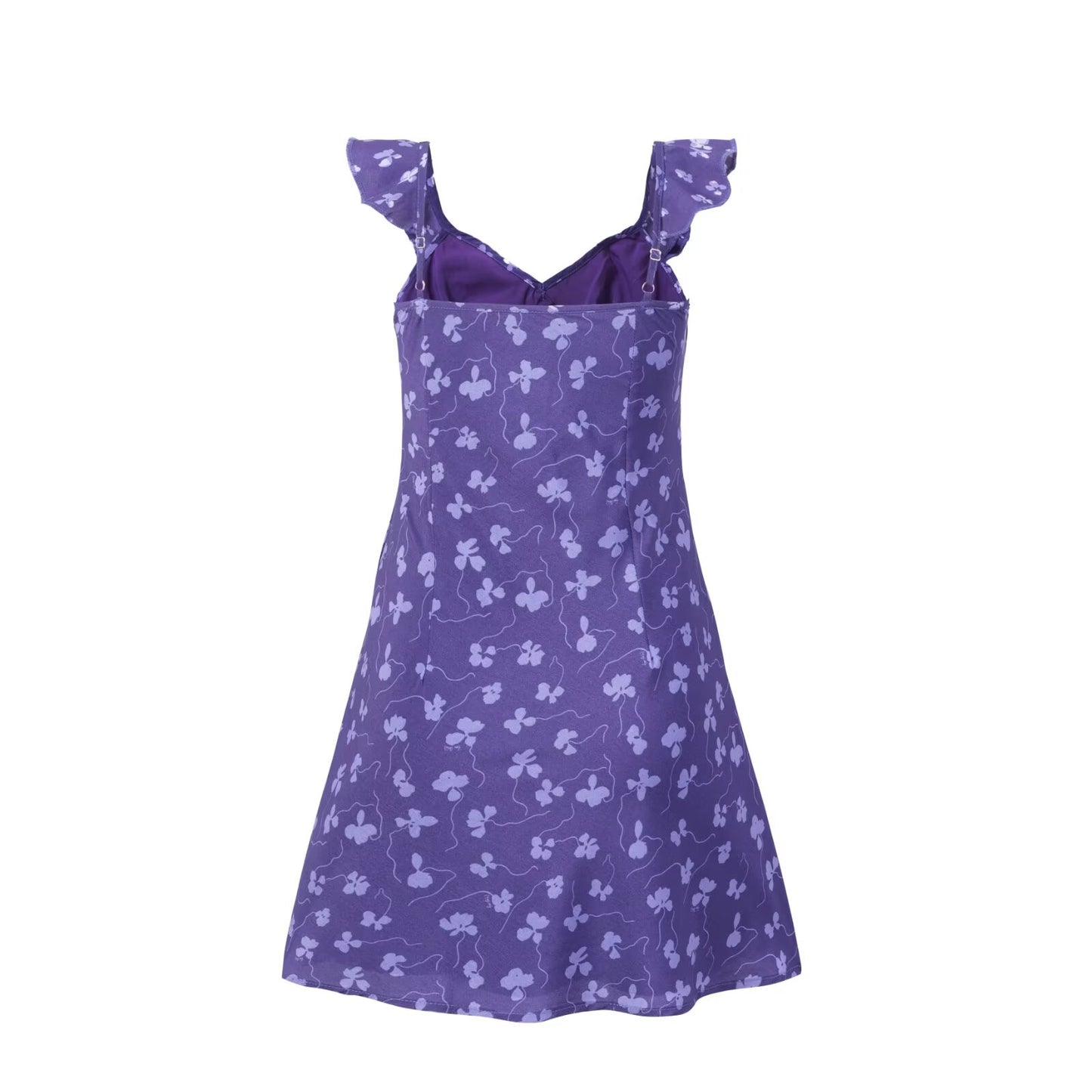 Vintage Ruffled V neck Lace up Printed Dress Summer Tight Waist Slim Holiday Short Suspender Dress