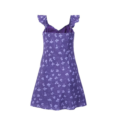Vintage Ruffled V neck Lace up Printed Dress Summer Tight Waist Slim Holiday Short Suspender Dress