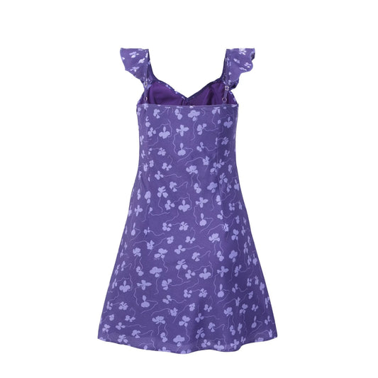 Vintage Ruffled V neck Lace up Printed Dress Summer Tight Waist Slim Holiday Short Suspender Dress
