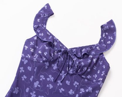 Vintage Ruffled V neck Lace up Printed Dress Summer Tight Waist Slim Holiday Short Suspender Dress