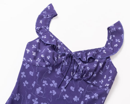 Vintage Ruffled V neck Lace up Printed Dress Summer Tight Waist Slim Holiday Short Suspender Dress